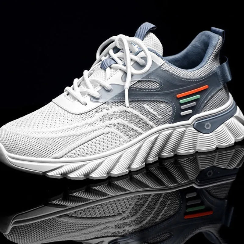 Men's white blue and black platform casual running shoes with cross shoulder straps and rubber sole.
