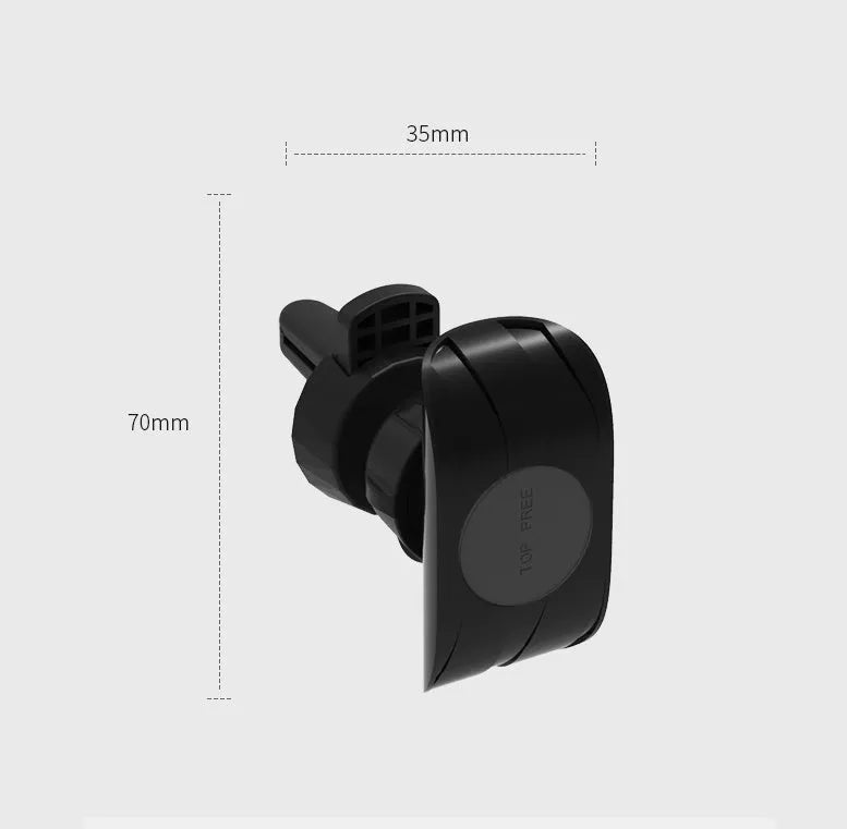 Black car phone holder mounted on vehicle air vent with adjustable clamping arms extended