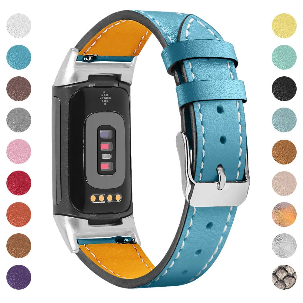 Genuine brown leather watch strap for Fitbit Charge 5 and Charge 6 smartwatches.