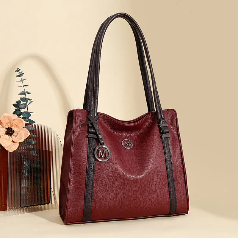 Genuine leather women's large capacity bag in horizontal square shape with double shoulder straps