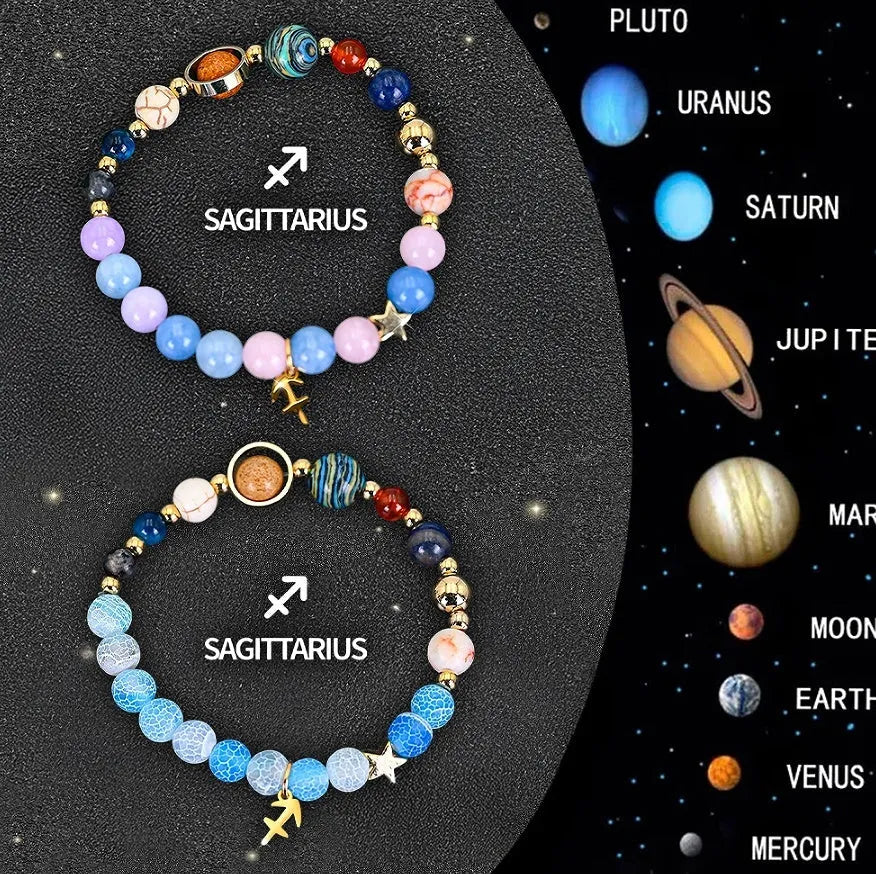 Set of twelve natural stone beaded bracelets with individual zodiac charms for each horoscope sign