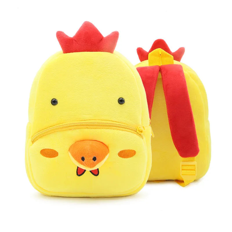Plush children's backpack with animal design showing soft texture and zipper opening