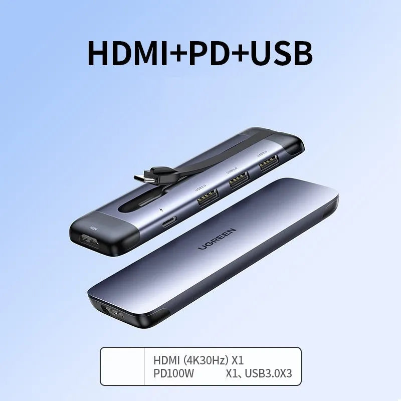 USB C dock expansion adapter showing HDMI, VGA, gigabit network, card reader, PD and USB 3.0 ports