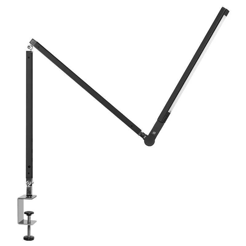 Aluminium clip-on folding desk lamp with remote control, shown in dazzling black finish.