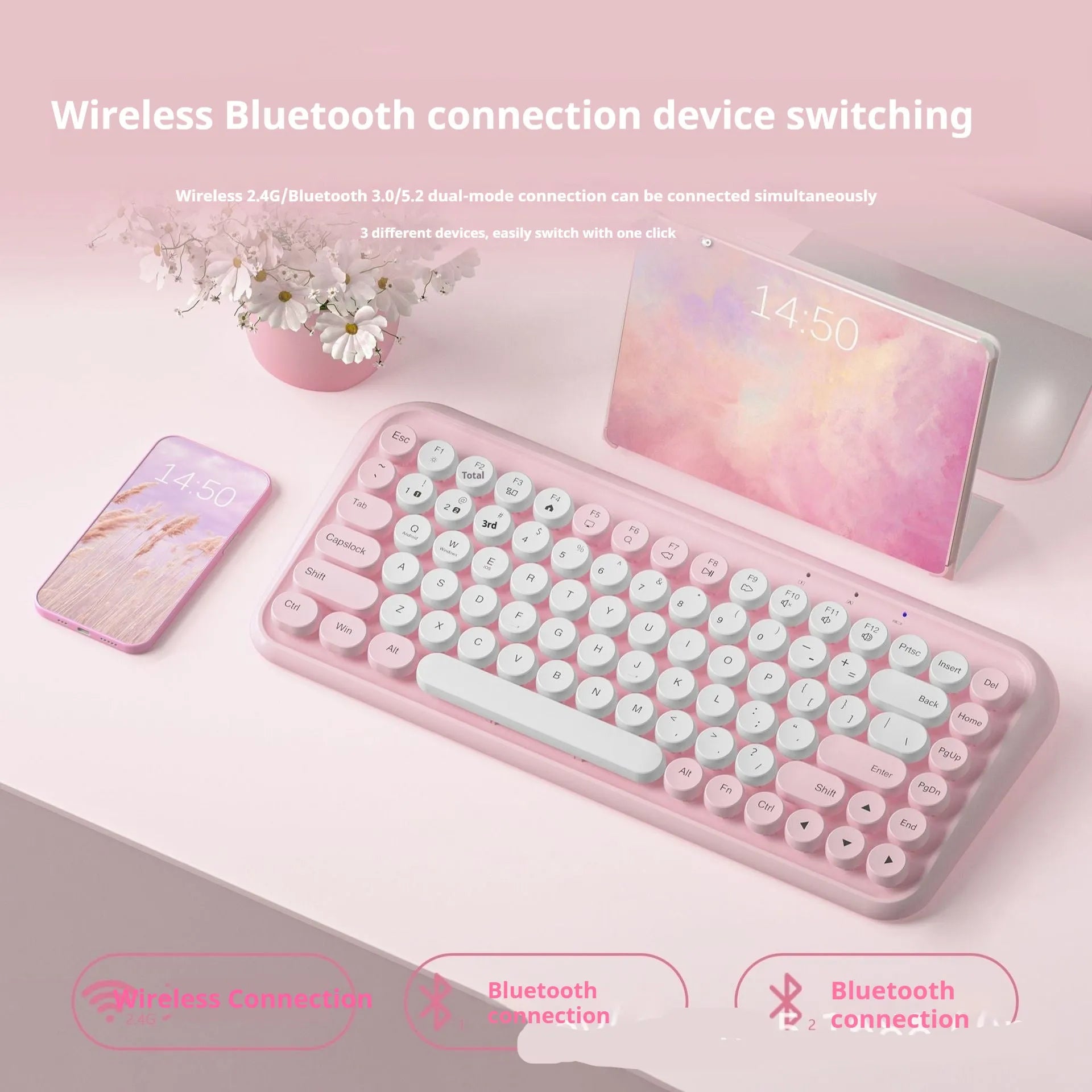 Pink wireless Bluetooth keyboard with 84 keys showing portable design and crater architecture technology