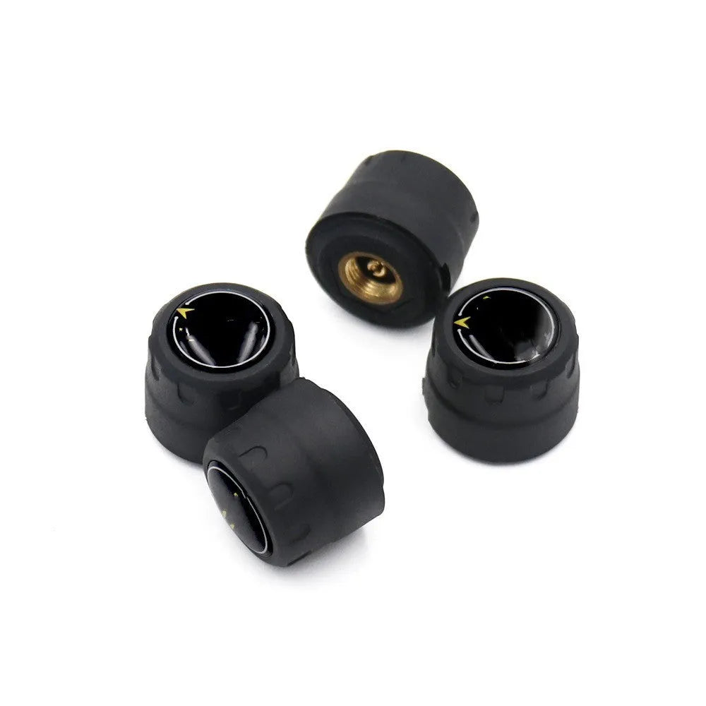 Black Bluetooth 5.0 tyre pressure monitoring kit with four external sensors, wrench, and anti-theft screws