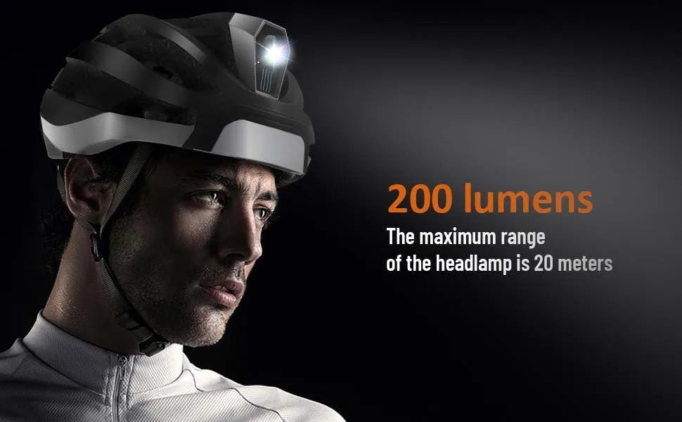 Black and grey smart cycling helmet with integrated Bluetooth safety warning lights on the rear.