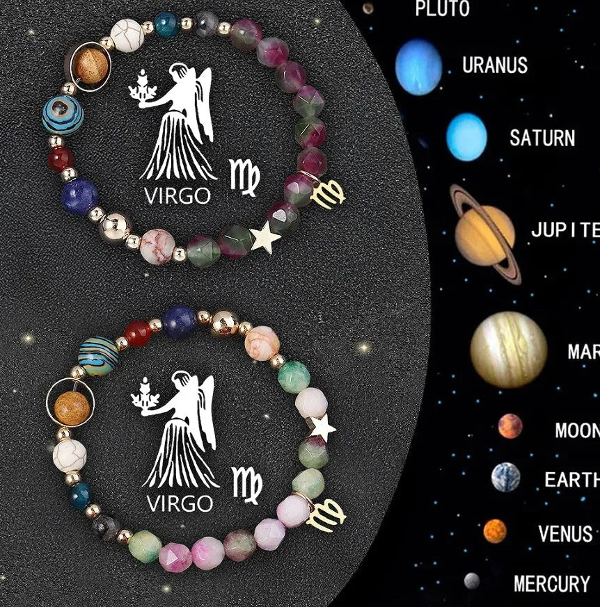 Set of two natural stone beaded bracelets for the twelve zodiac signs.
