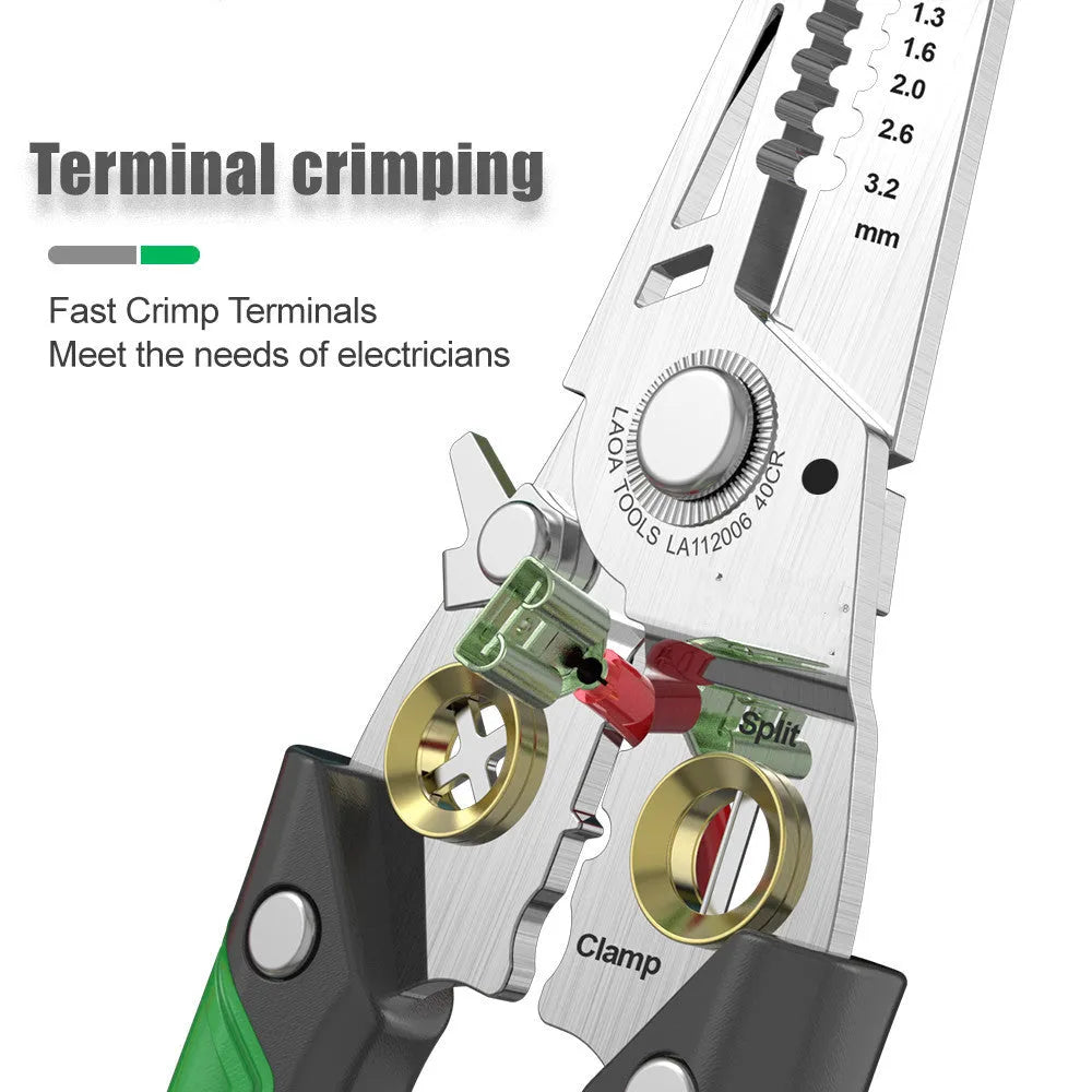 Stainless steel multifunction wire stripper with seven sized ports and two-colour handle