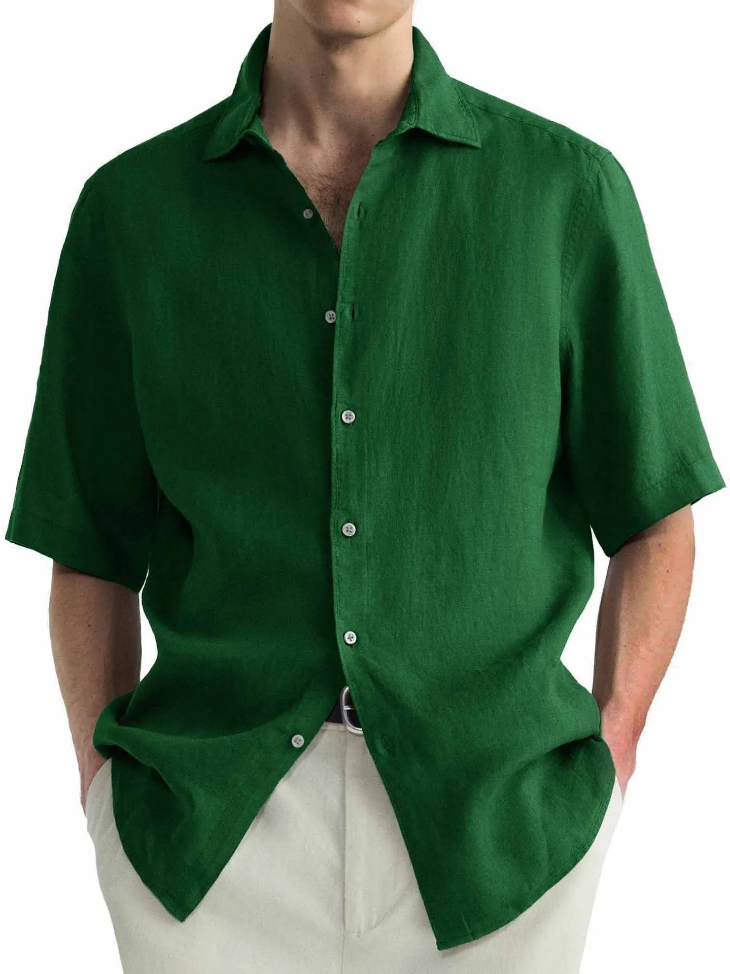 Men's green washed cotton casual shirt with cardigan-style closure in regular fit