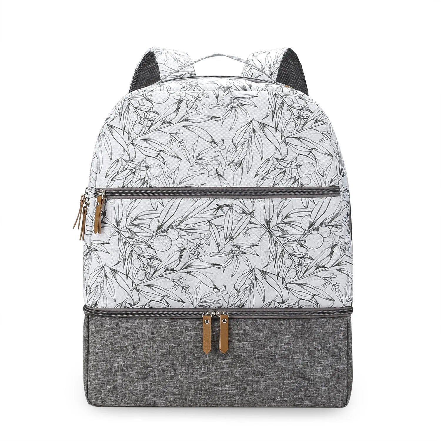 Grey insulated mother and child travel backpack with curved straps and multiple compartments.