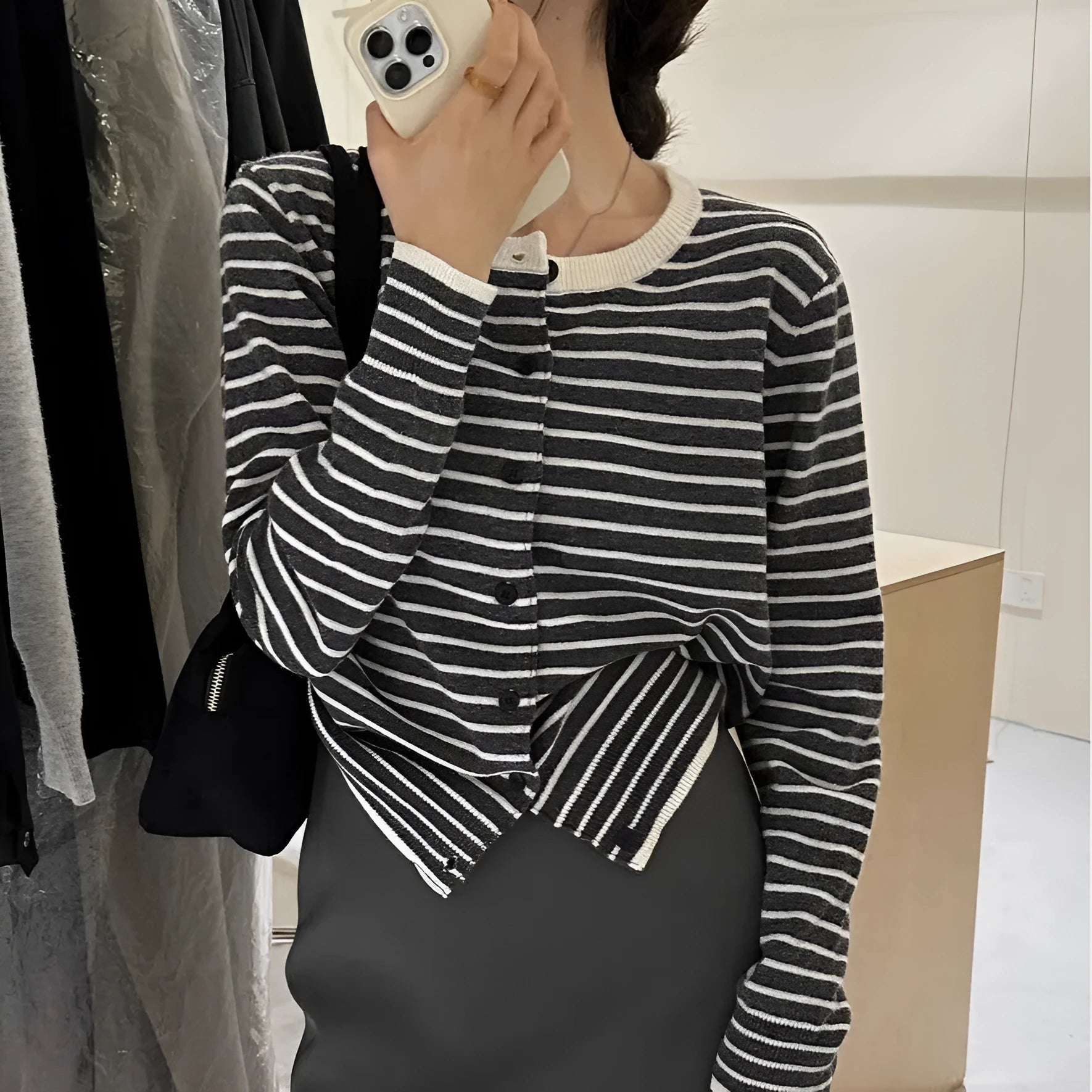 Dark grey and white striped viscose cardigan for women with French style design and slim fit