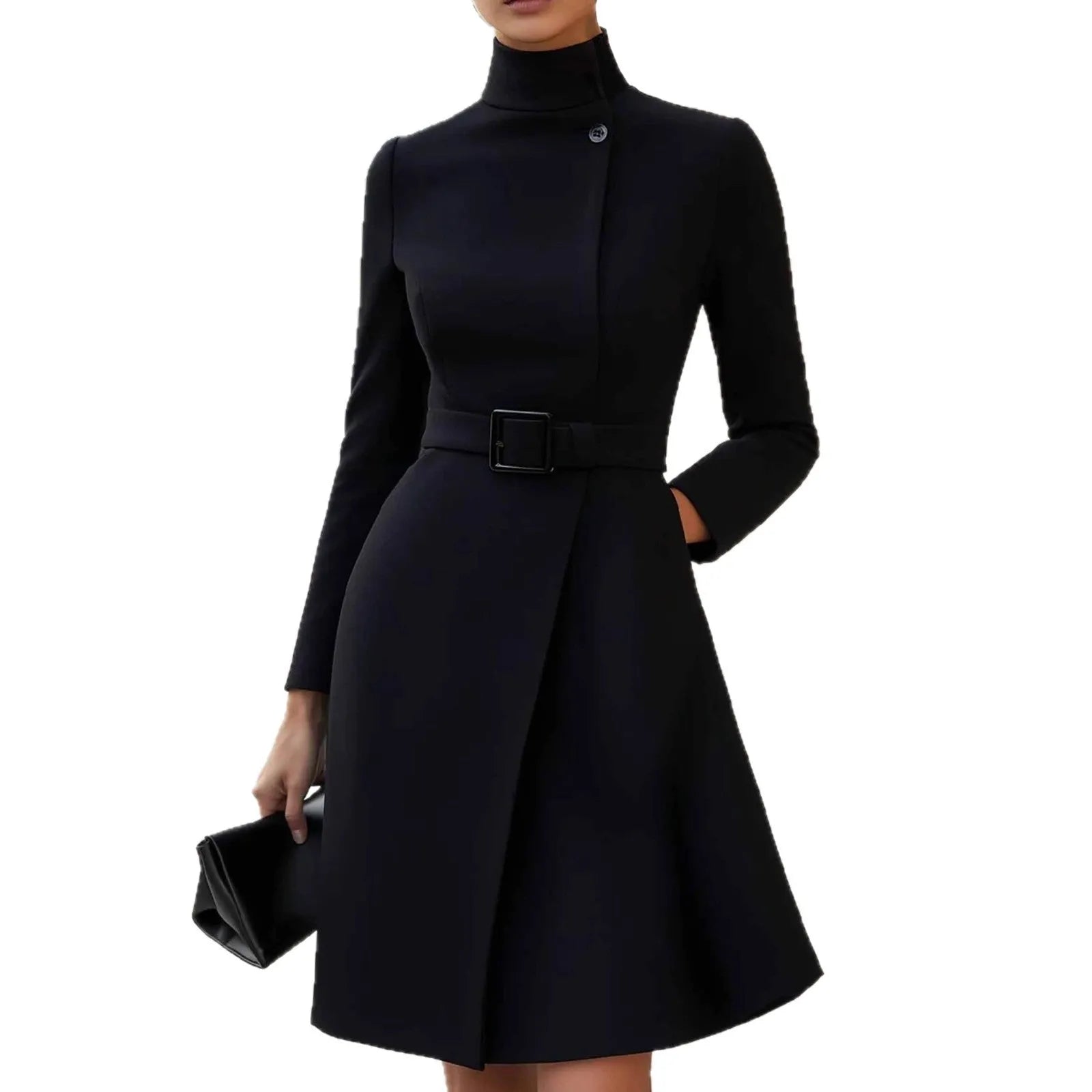 Women's long sleeve bohemian dress with stand collar and side zipper in black