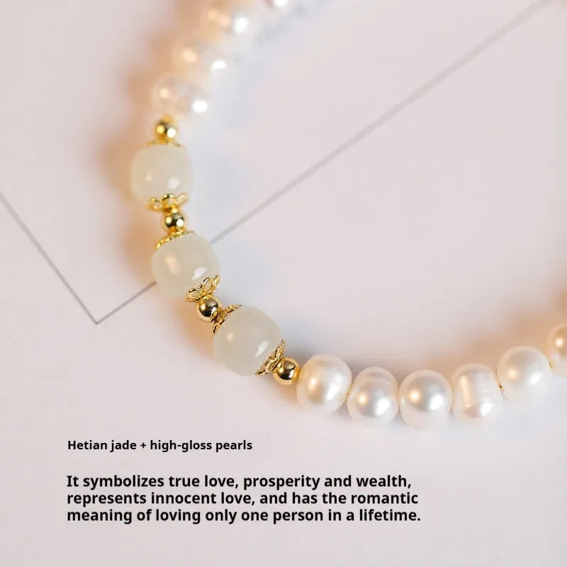 Freshwater pearl bracelet with diamond-shaped design in Hetian jade electroplated colours