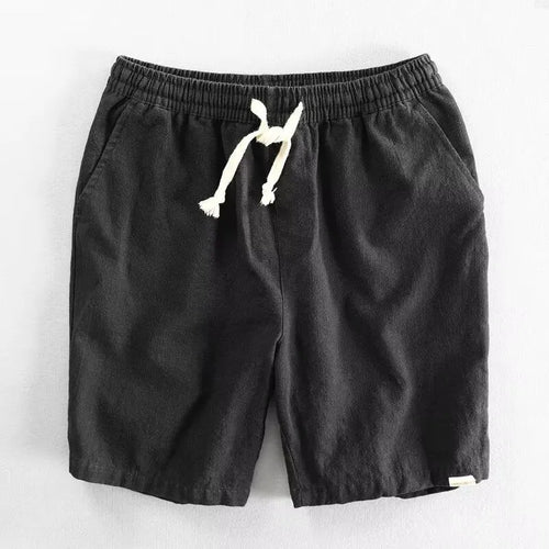 Casual loose-fit shorts in a cotton and linen blend, shown in a straight-leg cut on a hanger.