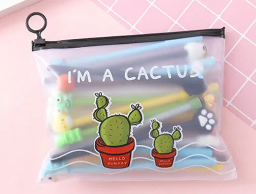 Plastic pen case open showing twenty colourful cartoon cactus design pens with 0.5mm black tips