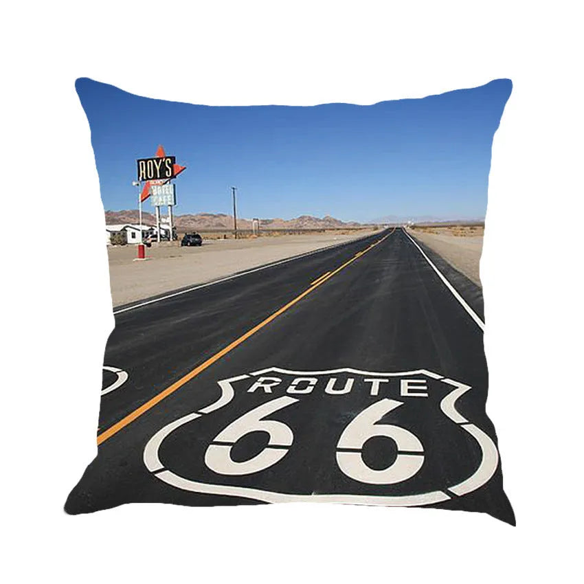 Linen blend cushion cover with Route 66 landscape design, shown in one of six available colours.