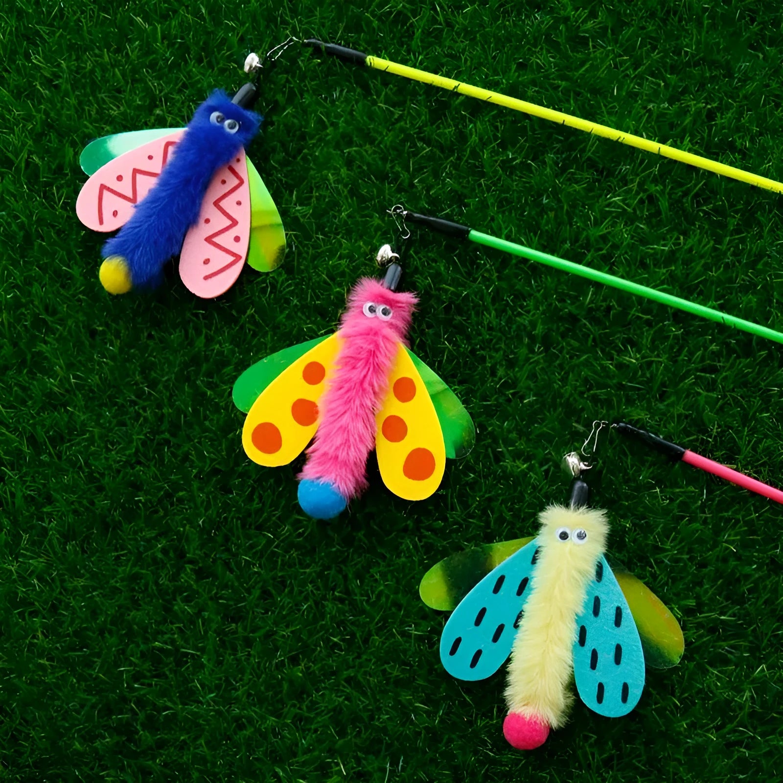 Blue cat wand toy with dragonfly attachment and bell for interactive indoor play