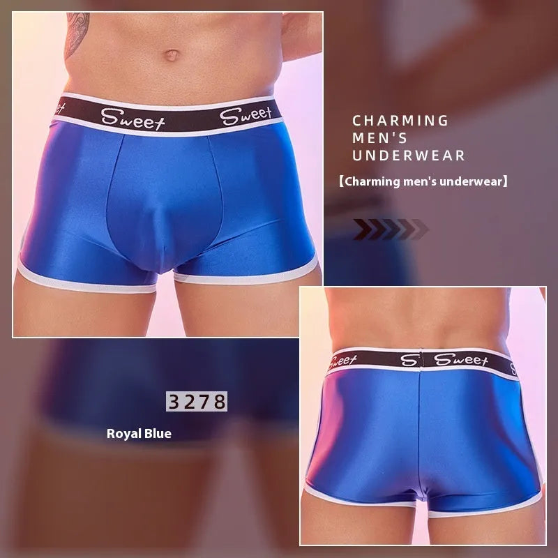 Men's shiny nylon boxers in black, white, and sapphire blue colours