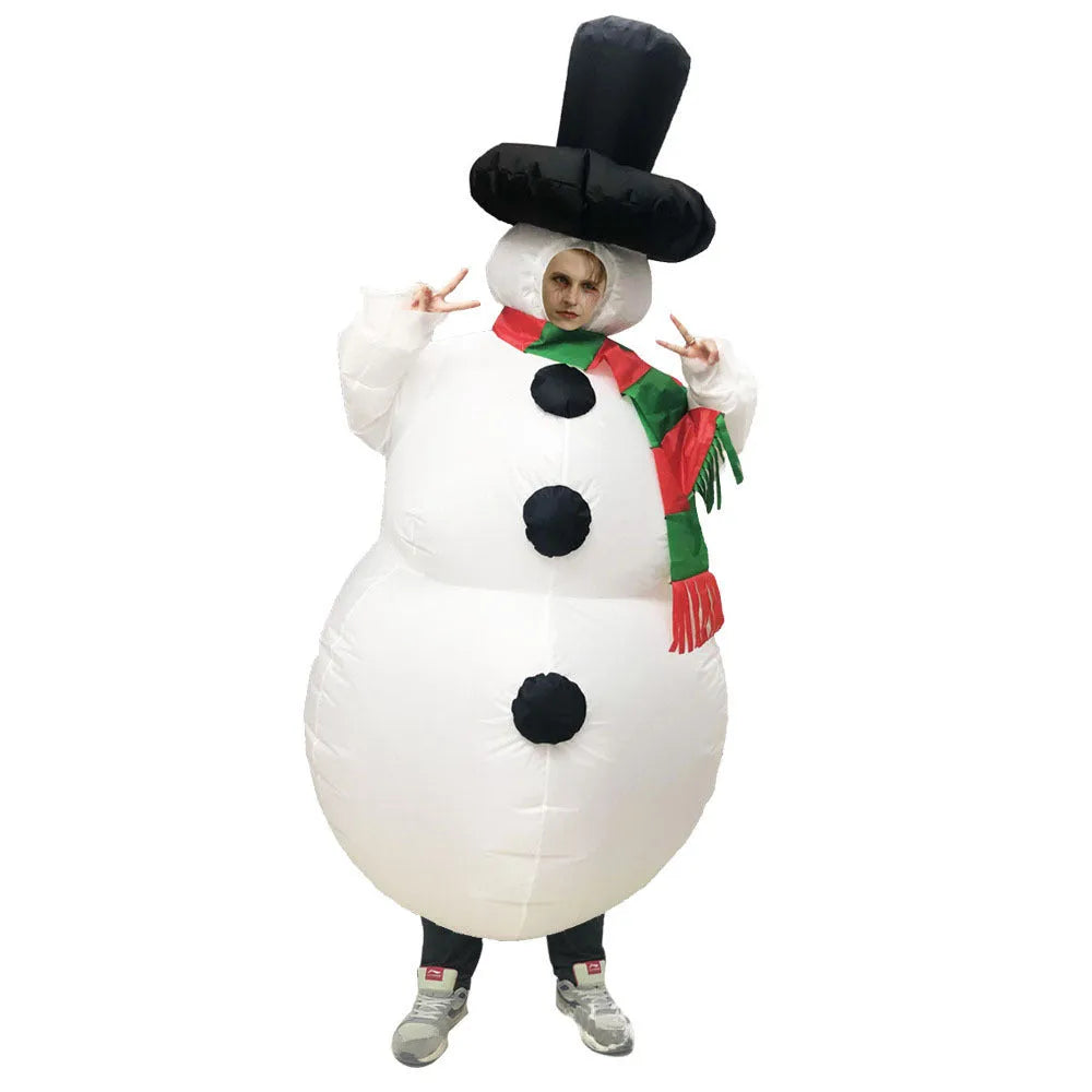 Christmas inflatable costume suit for adults showing cloth construction with fan and battery box