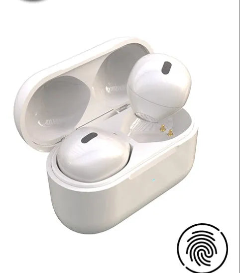 Invisible 9mm skin tone Bluetooth touch earphone shown next to white and pink colour options.