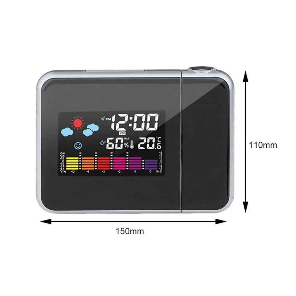 Black digital projection alarm clock with LED display showing time temperature humidity