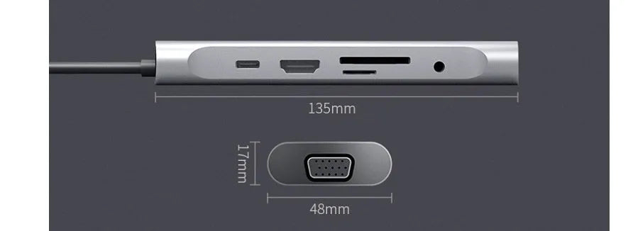Grey USB-C docking station with aluminium alloy shell and multiple connectivity ports