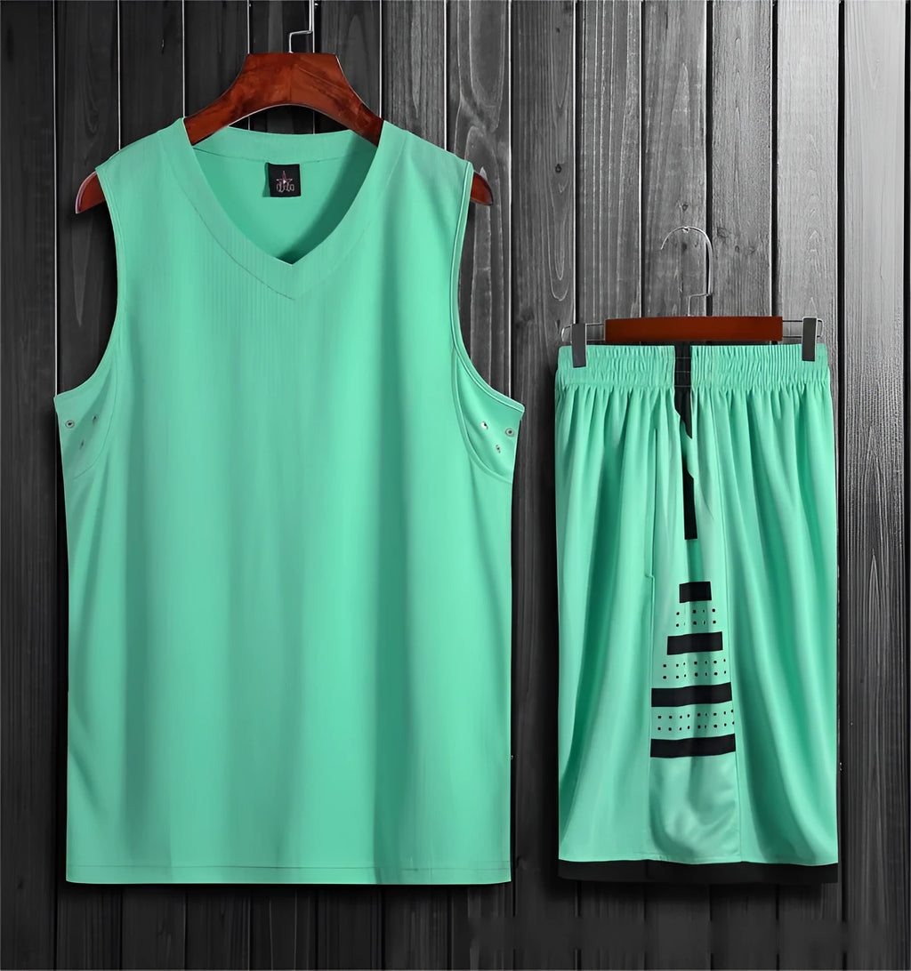 White and black polyester sports vest and matching pants set for basketball and fitness training.
