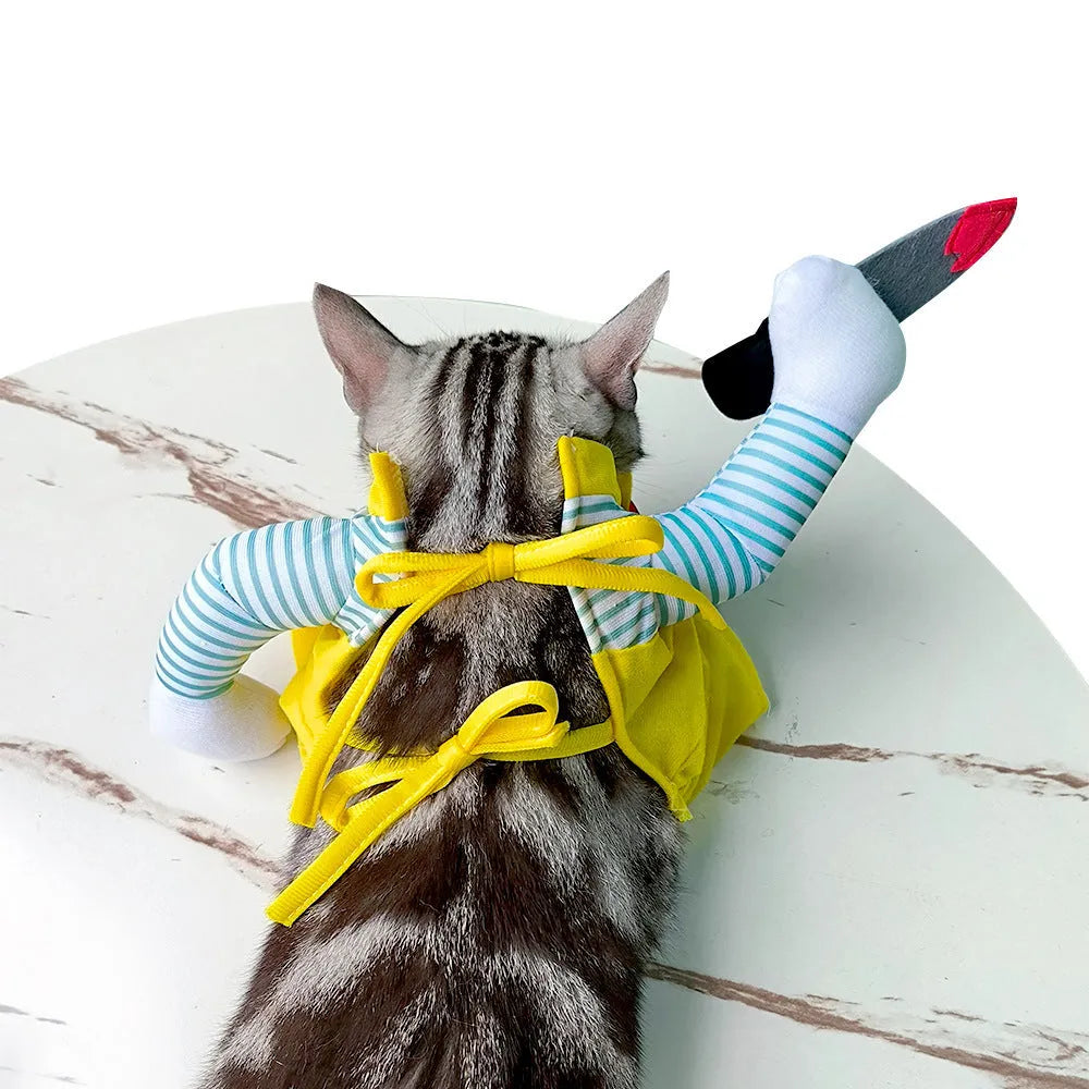 Yellow knife assassin costume for cat showing B02405 colour design and polyester construction
