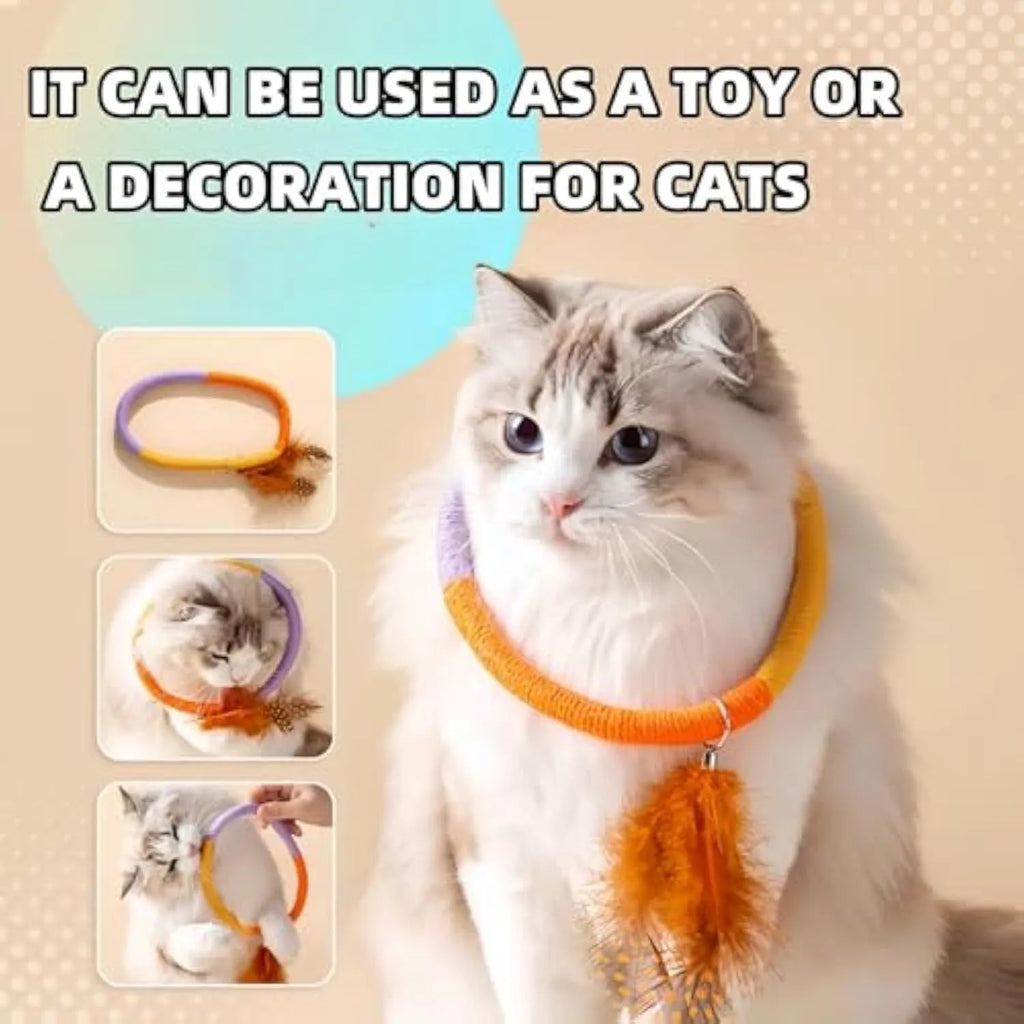Green cotton rope cat toy with feathers and catnip for safe chewing and interactive play