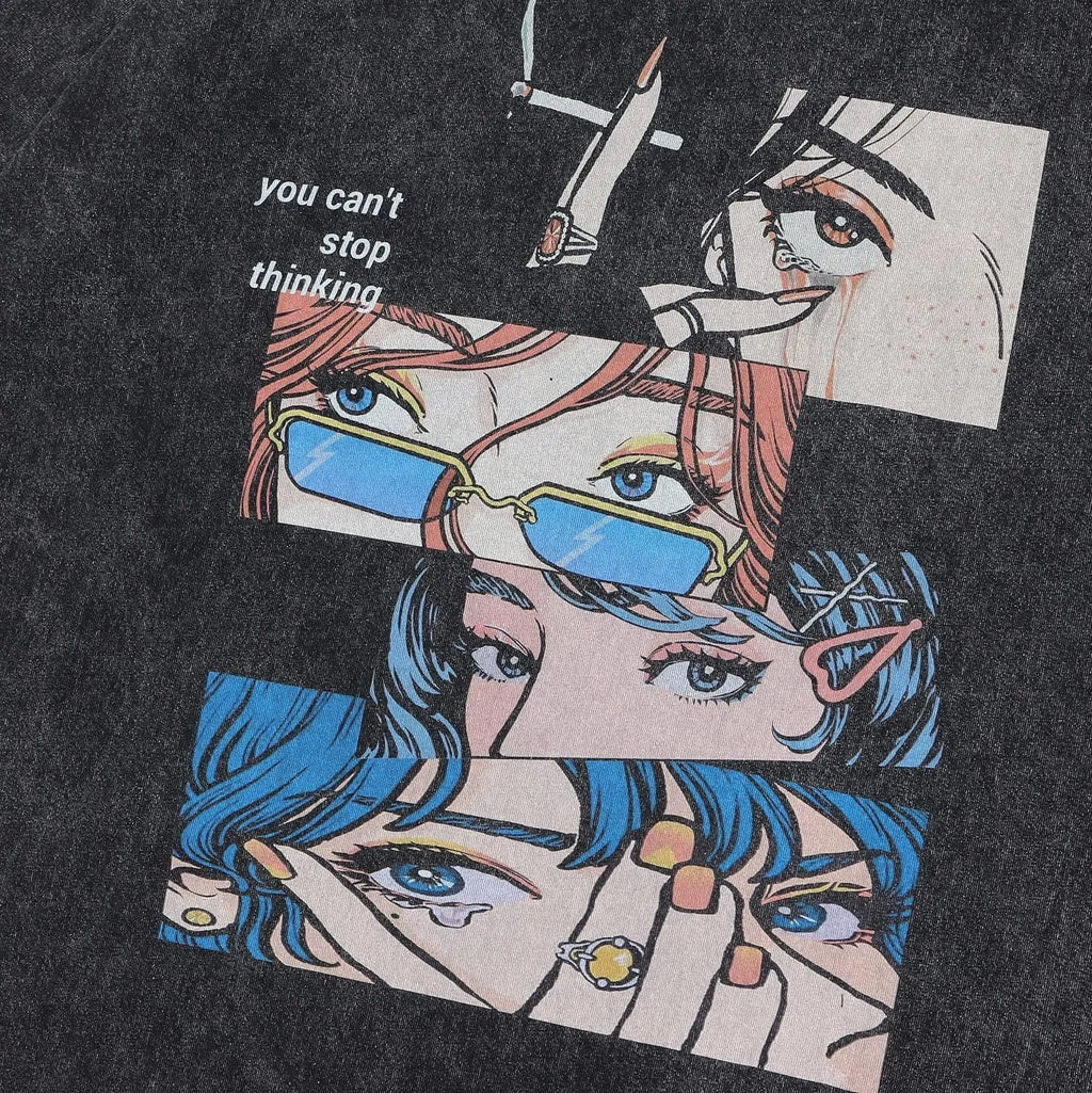 Men's black retro t-shirt with cartoon print, loose fit and short sleeves for casual summer wear