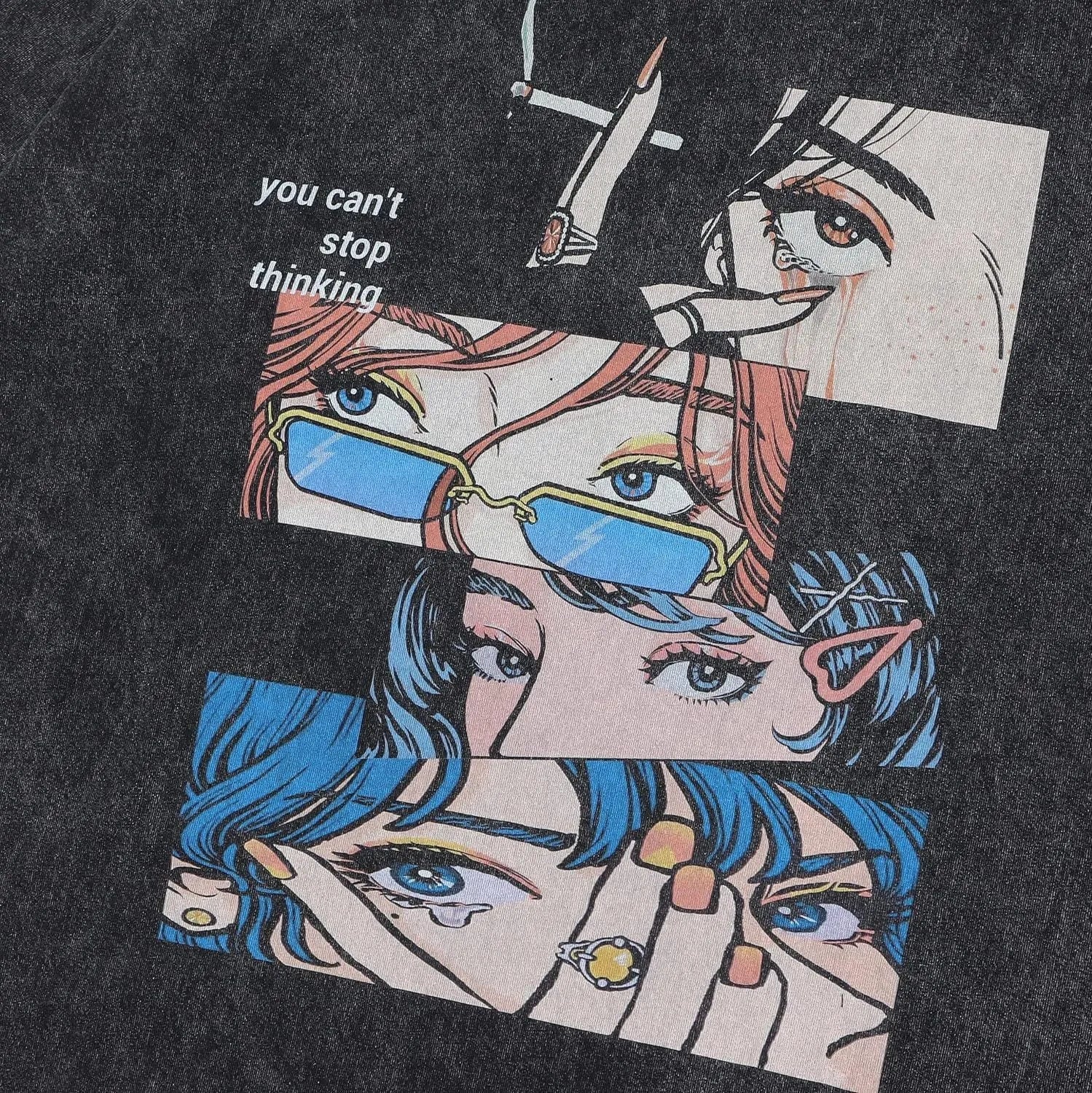 Men's black retro t-shirt with cartoon print, loose fit and short sleeves for casual summer wear
