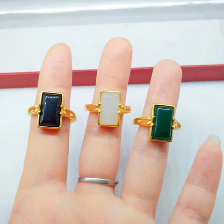 Adjustable national style gold-plated brass ring with gemstone inlay in black, green, or white colour options