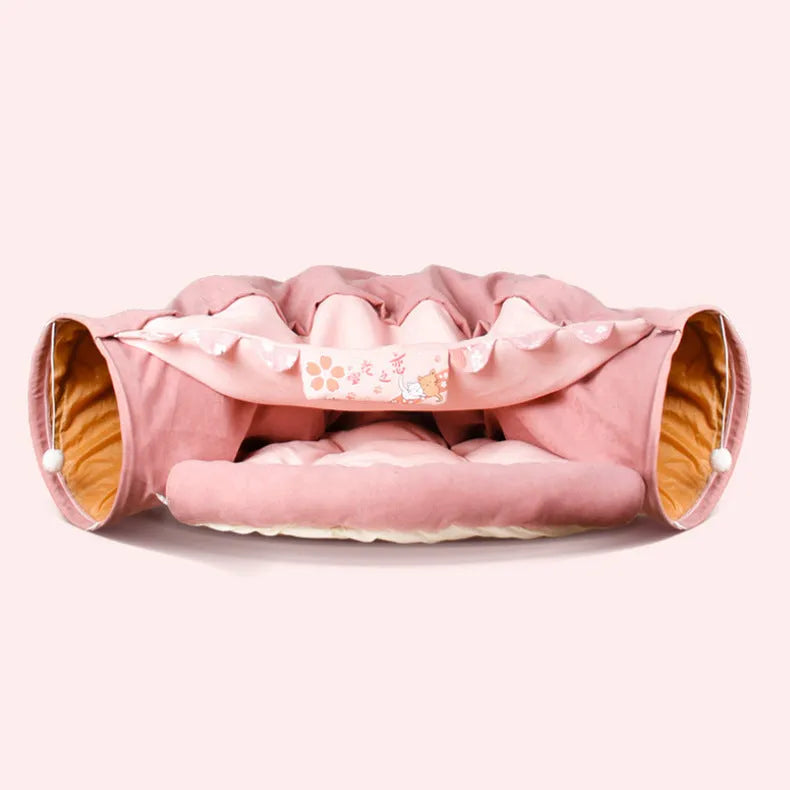 Collapsible cloth cat tunnel for play, shown in one of four colours: Bar, Coffee, Matcha, or Pink.