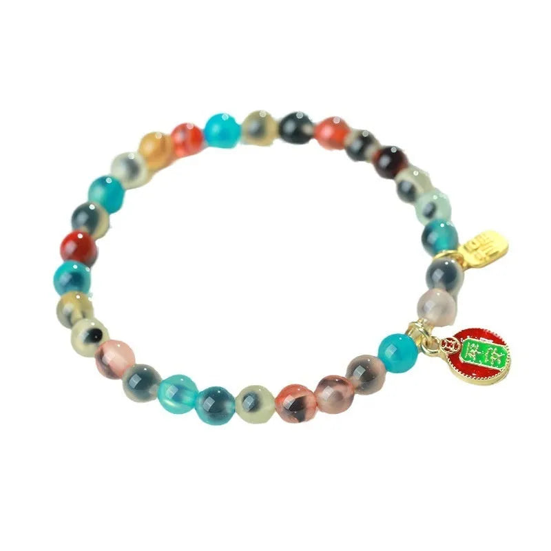 Natural colourful sugar heart agate and coloured glaze copper coin snake bracelet for women