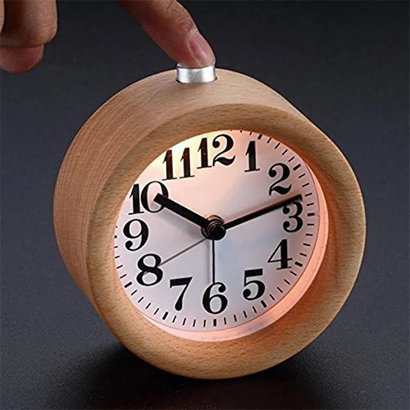 Solid beech wood silent bedside alarm clock with 4-inch dial and integrated mirror