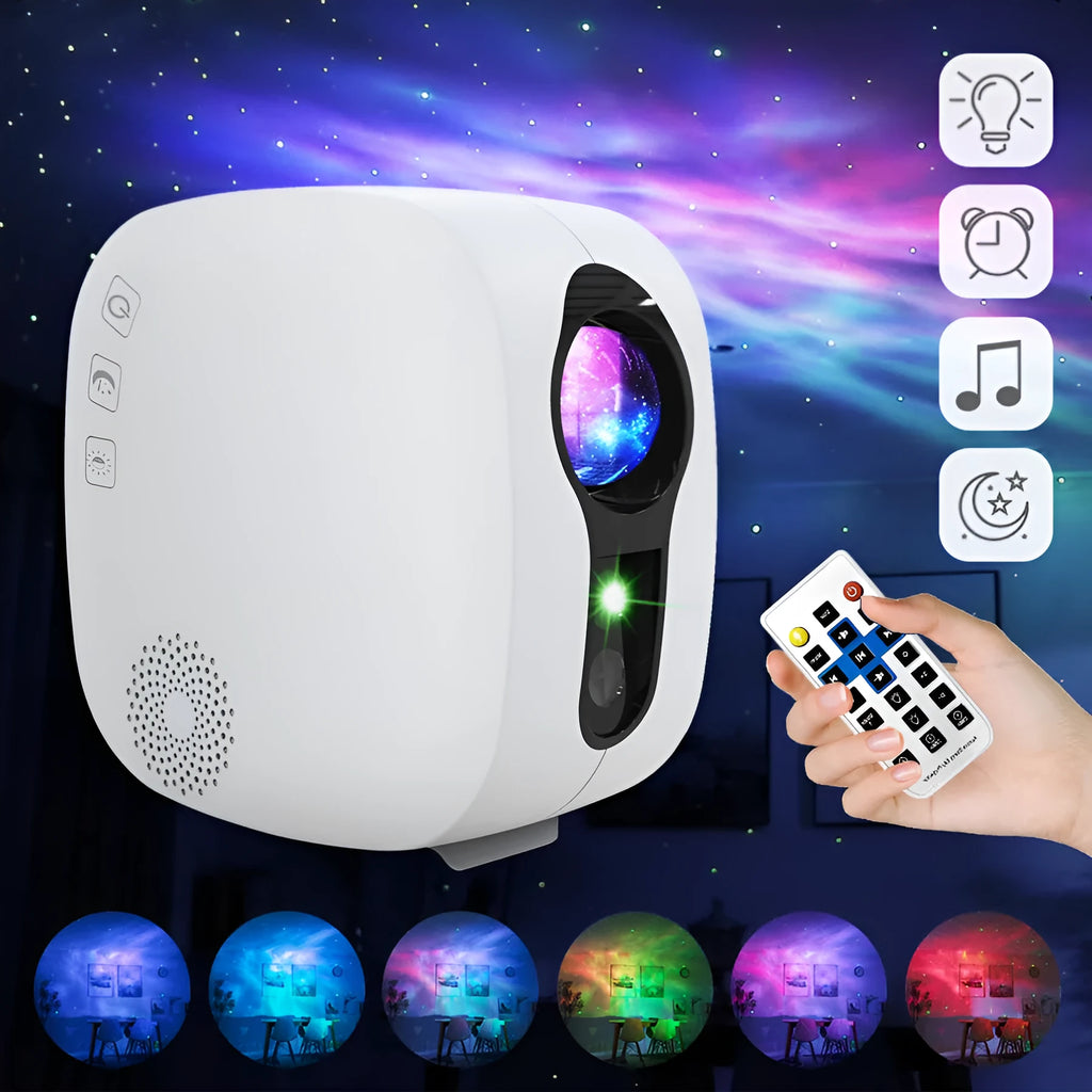 Black or white laser starry sky projection lamp with nebula moon display and Bluetooth connectivity
