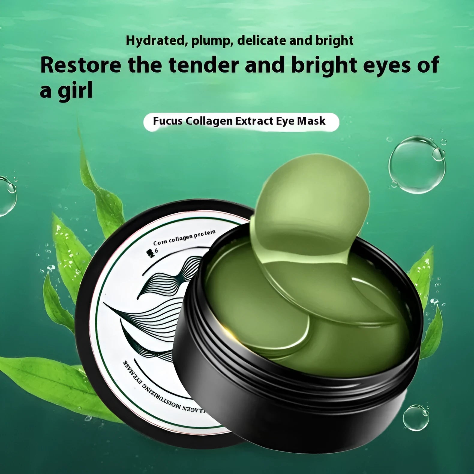 Green seaweed eye mask sheet with 60 tablets containing seaweed extract and sodium hyaluronate