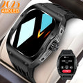 Smart watch fitness bracelet with AMOLED touch screen and black blue tape strap showing Bluetooth calling interface