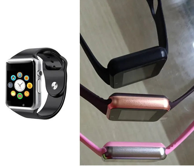 A1 Smart Watch with touchscreen display showing interface, available in multiple colours including black, silver, blue