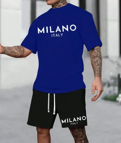 Man's short sleeve polyester pullover top and matching shorts suit set in blue.