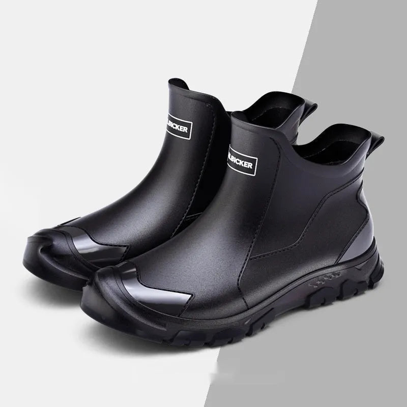 Men's short tube PVC rubber boots in beige, black, and black-red colours with non-slip sole