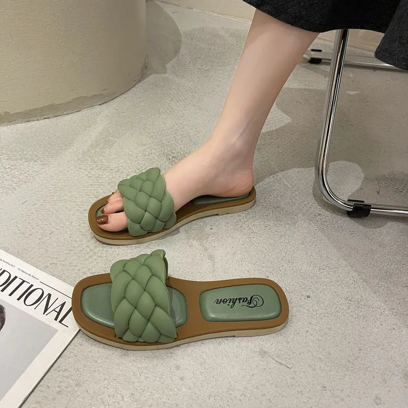Women's plaid pattern beach sandals with thick anti-skid PVC soles in black, green, orange and white colours