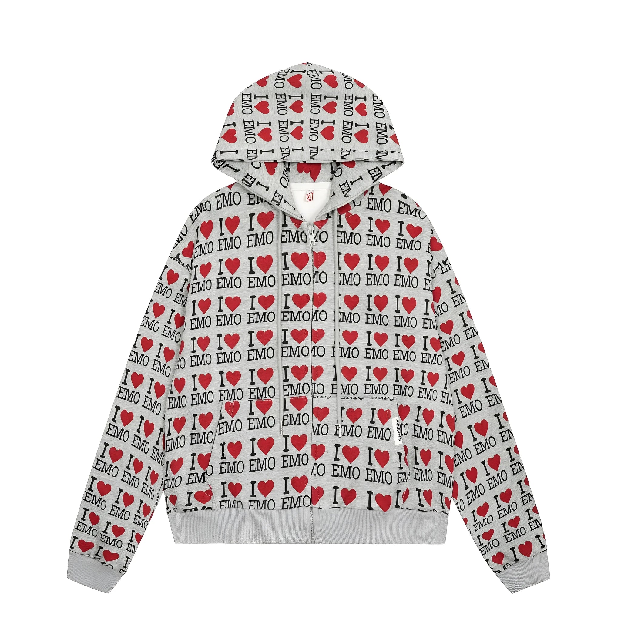 Women's melange grey retro pattern hooded cardigan with long sleeves and street fashion styling
