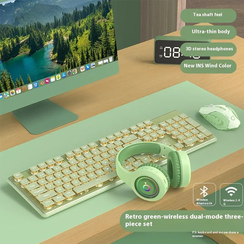Prewalker V3 retro green coloured quiet keyboard and mouse set on a desk