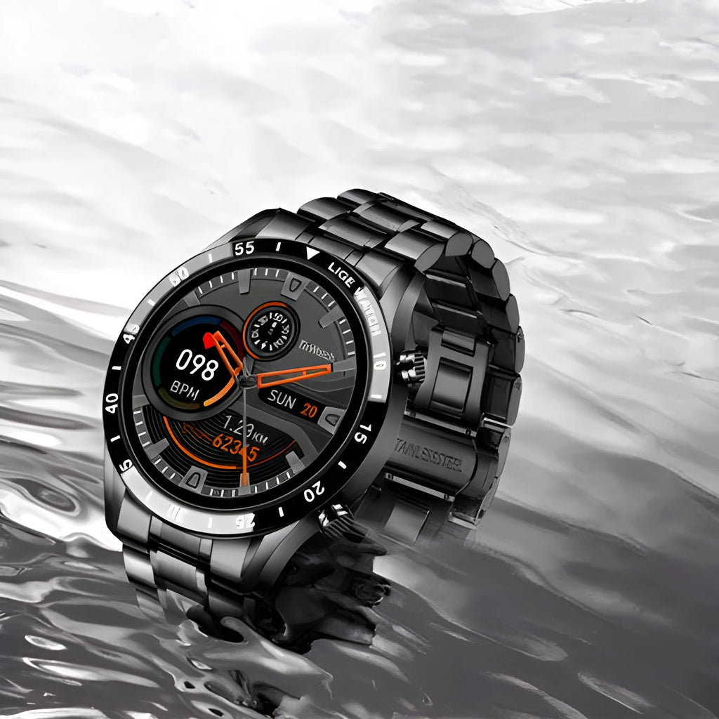 Stainless steel smart watch with black wristband and 1.3 inch touch screen display