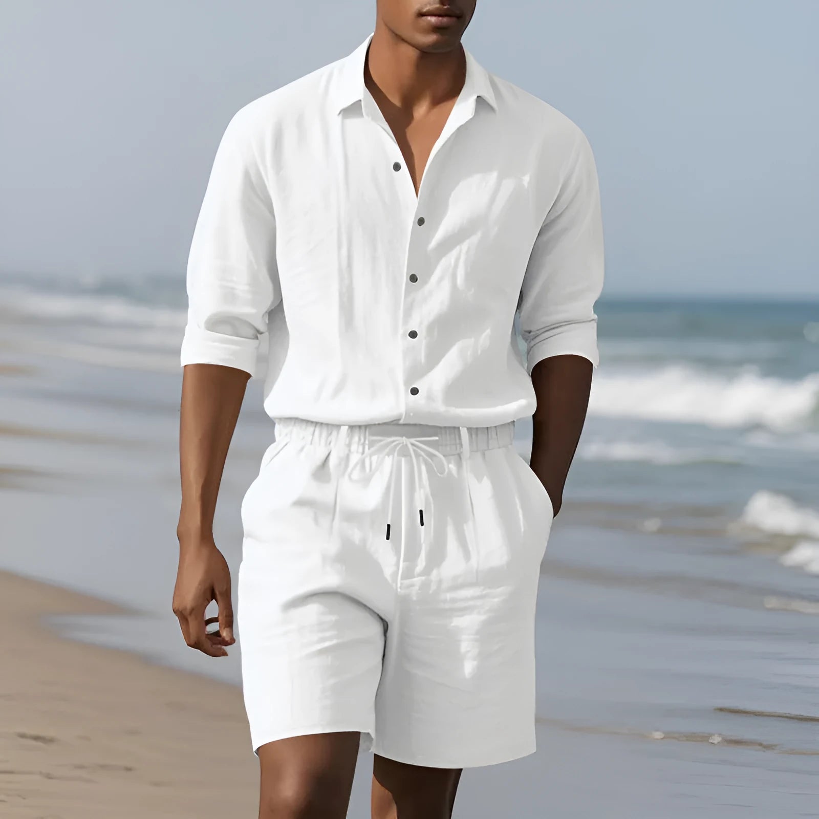 Men's linen long sleeve shirt and matching shorts set for beachwear in various colours.