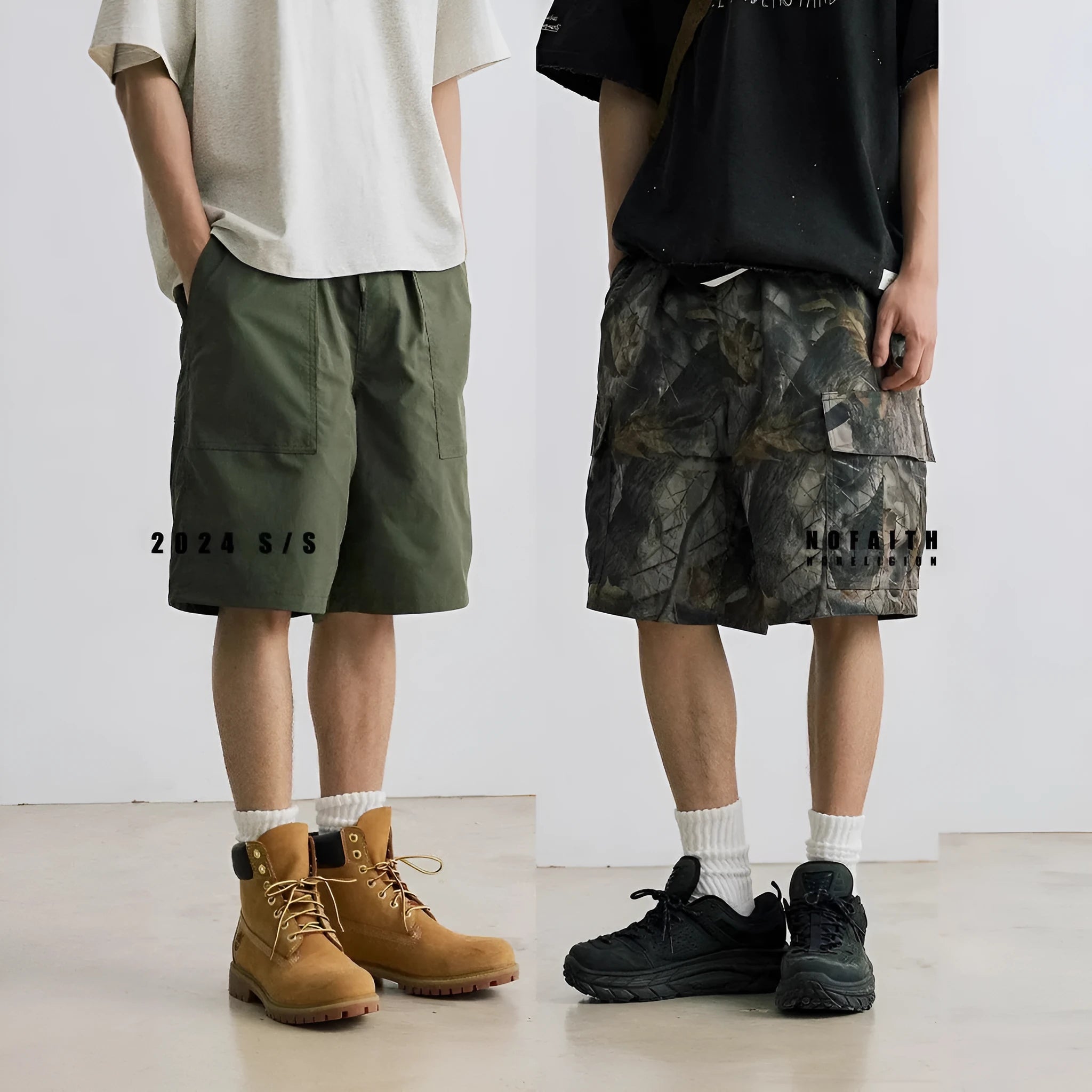Loose straight-leg denim shorts in army green with a zip fly and elasticated mid-waist.