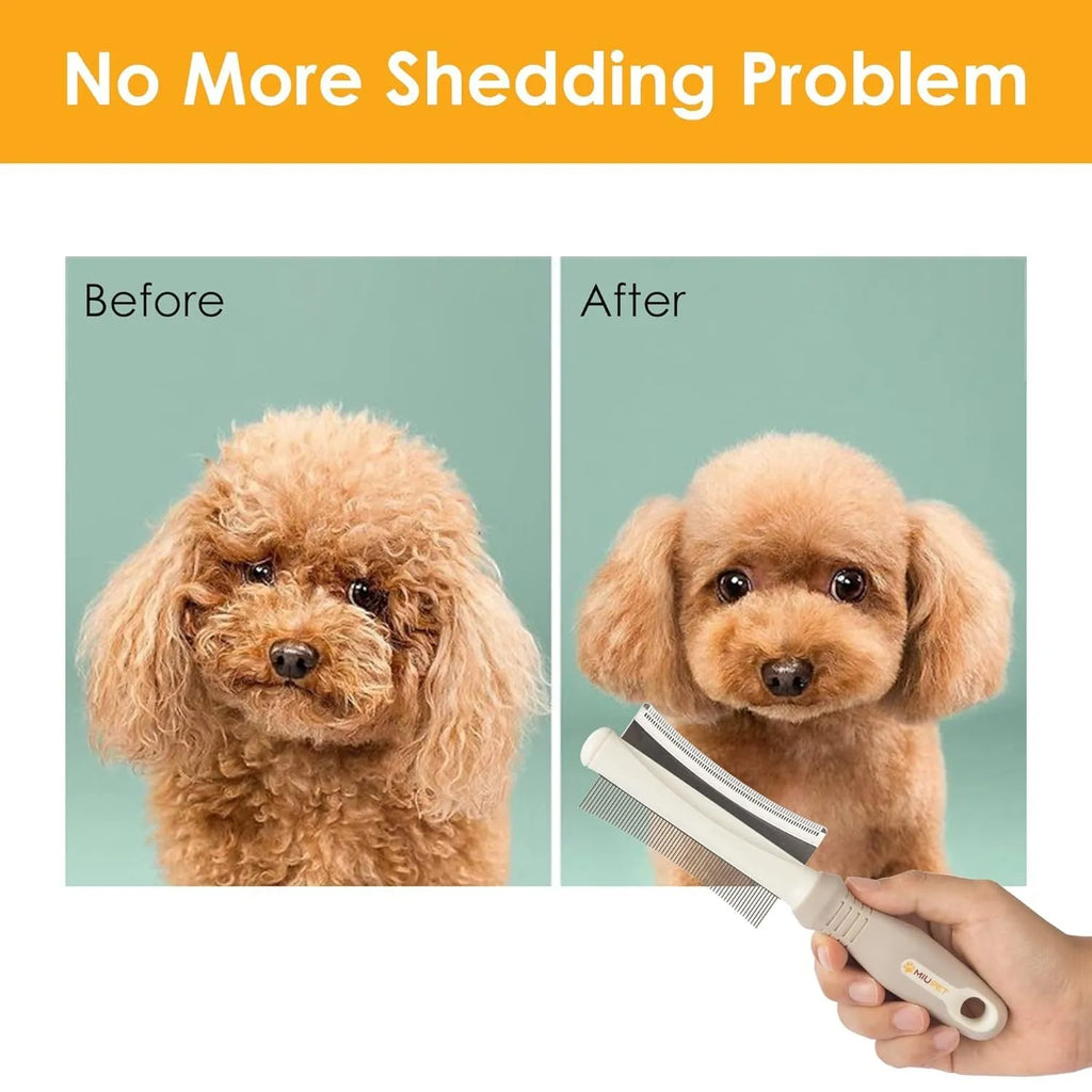 White 2-in-1 professional pet grooming brush with curved comb and deshedding brush sides on a textured handle.