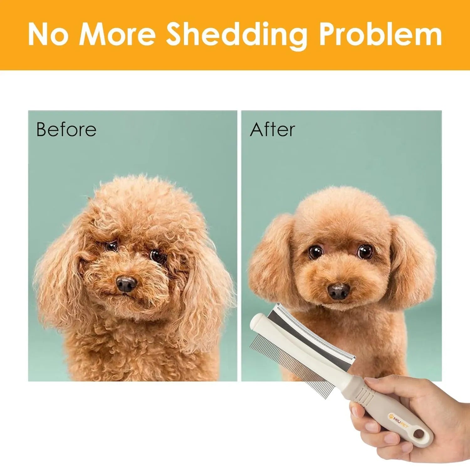 White 2-in-1 professional pet grooming brush with curved comb and deshedding brush sides on a textured handle.